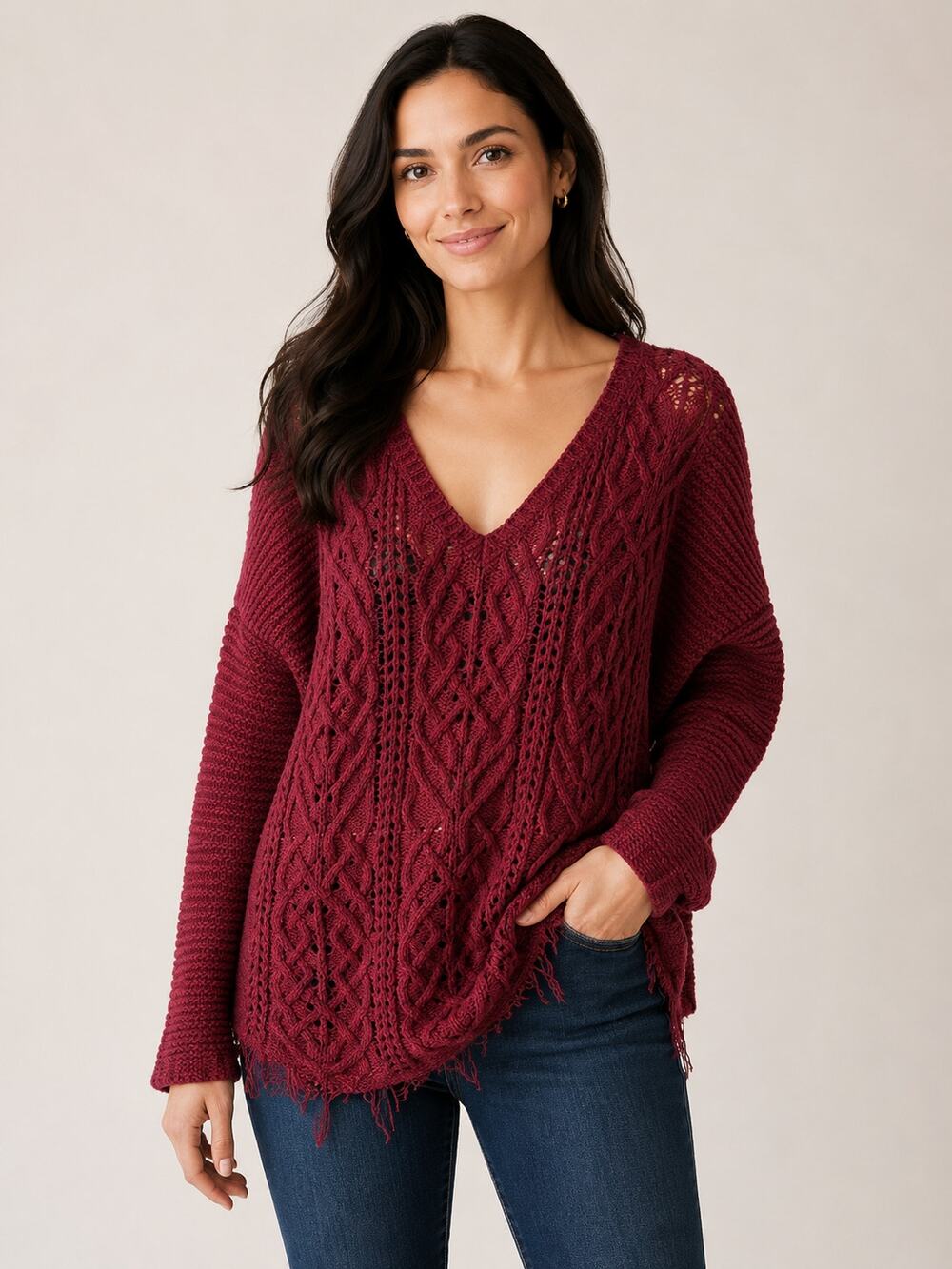 Free People Cross My Heart Cable Knit V-Neck High Low Hem Sweater Red L